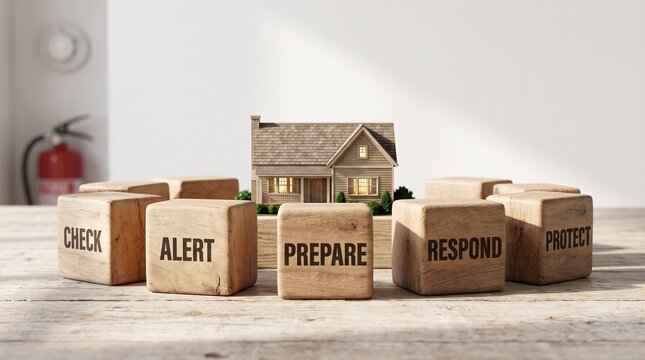 Wooden blocks with safety words arranged around a miniature house model on a table with fire extinguisher blurred background