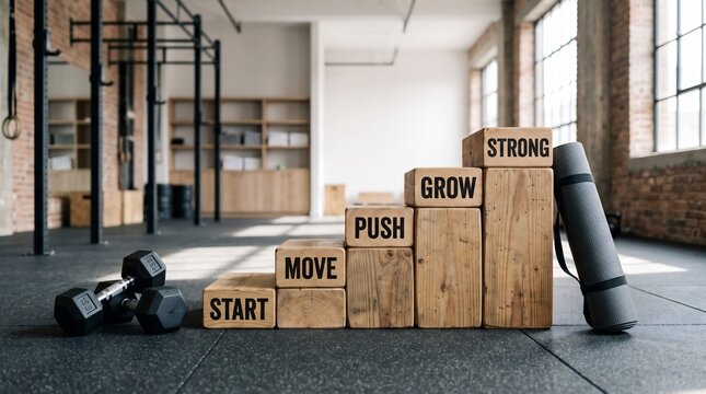 Wooden blocks with motivational words arranged like a staircase in a modern fitness center