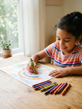 Young girl happily drawing a rainbow with crayons at a wooden table.
