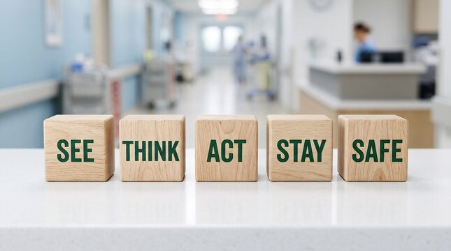 Wooden blocks spelling see think act stay safe on a counter in a hospital hallway with blurred hospital corridor