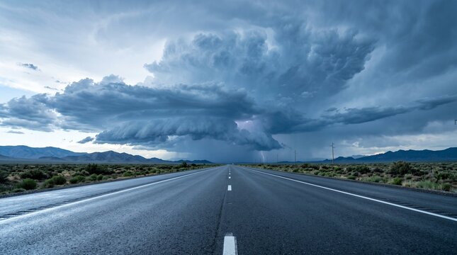 Empty highway road heading towards dramatic storm cloud with lightning conceptualizing financial risk crisis management market uncertainty business challenge strategy and economic recession.