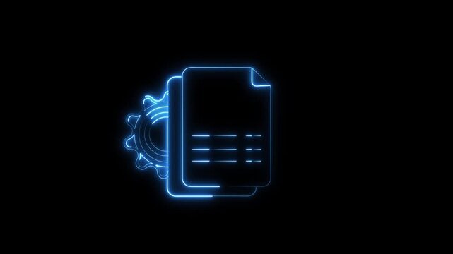 Documents icon animation displays electronic paperwork beside a gear cog on dark. Processing data routes on icon. Document archiving consoles use documents icon.