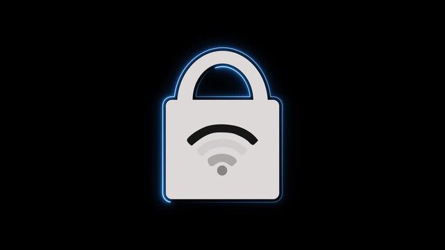 Padlock icon animation displays a wireless telecommunication symbol. Encrypted Wi-Fi network data protection telemetry routes on padlock icon. Portals use active icon.