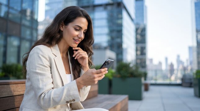 Mature corporate businesswoman using smartphone online banking and communication outside office building, executive middle aged manager checking mobile notification in modern city center