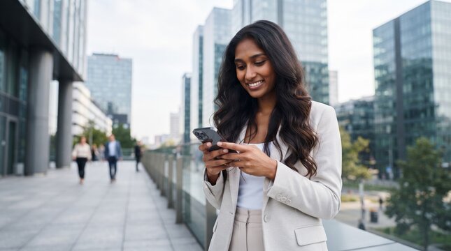Smiling young businesswoman sitting outside modern city building holding smartphone for online trading, executive corporate worker reading mobile message and managing digital business
