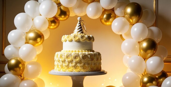 Two tier white birthday cake with yellow frosting rosettes, small party hat sits on stand. Elegant cake decorated with gold, white balloon arch. Festive dessert for celebration at party event with