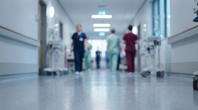 Defocused blurred background of medical personnel doctors walking in clean modern hospital corridor, emergency clinic healthcare concept for pharmacy banner and medical service advertisement.