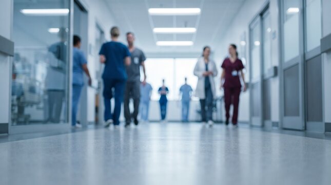 Blurred background of professional medical team doctors and nurses walking in modern hospital corridor, healthcare clinic teamwork concept for medical center website banner and advertisement.