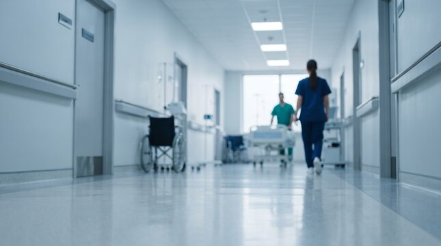 Blurred background of female doctor walking in modern hospital hallway with wheelchair and gurney bed, healthcare medical emergency concept for clinic website, insurance and banner design.