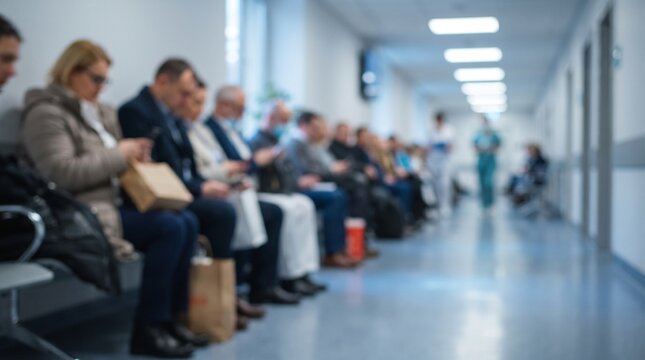 Blurred modern hospital corridor background with diverse queue of patients sitting in waiting room, medical healthcare center advertising banner, pharmacy delivery and clinic appointment.
