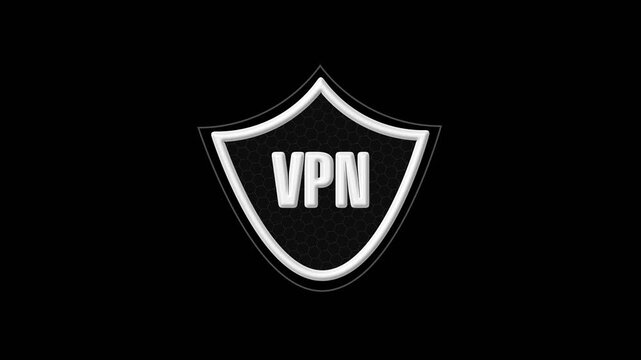 VPN shield icon animation displays a hexagonal matrix pattern on dark. Network encryption data routes on icon. Security data protection portals use shield icon.