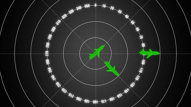 Radar screen animation tracks aircraft trajectories with degree marks. Aviation surveillance flight telemetry routes across active radar screen. Towers use radar screen.