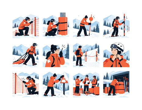 Slope Safety Equipment. Safety netting, padded barriers, markers, radios, rescue sleds, boundary poles, helmets, inspections, and ski area protection. 12 minimalist editorial vector scenes: patrol