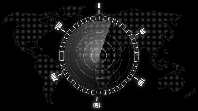 Radar scope animation sweeps tracking beams over continental terrain. International territory surveillance telemetry routes on radar scope. Consoles use active scope.