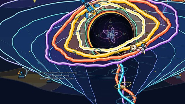 Educational animation of black hole anatomy showing the event horizon, accretion disk, photon ring, and relativistic jets with descriptive text explaining extreme gravitational physics in space