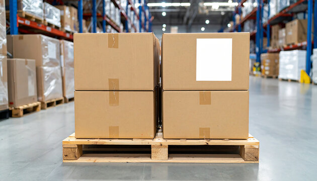 Professional warehouse scene with pallet loaded with shrink-wrapped cardboard box, large blank white shipping label, industrial environment. Close-up.