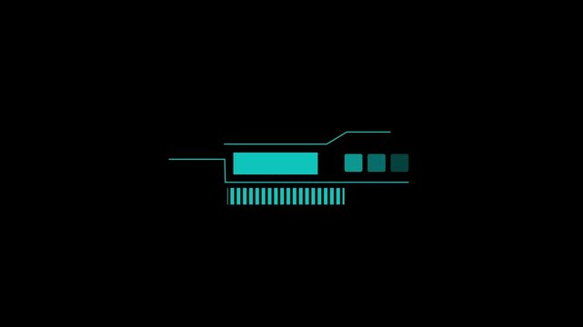 Interface elements animation displays modular data bars and squares on dark. Futuristic user dashboard telemetry coordinates guide elements. Consoles use active elements.
