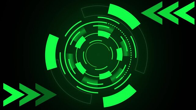 HUD interface animation displays circular navigation arrows on dark. Futuristic user dashboard telemetry coordinates guide active HUD interface. Consoles use interface.