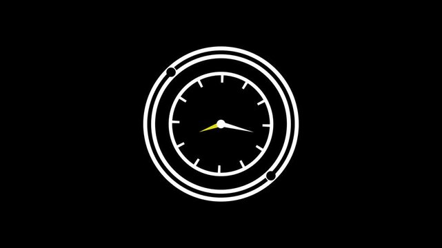 Clock face animation displays time measurement hands inside double rings. Chronological schedule interval timing telemetry guides clock face. Consoles track clock face.