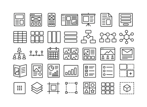 Template. Line icon set of layouts, flowcharts, diagrams, forms, wireframes, tables, grids, and editable structures: page layout, website wireframe, mobile wireframe, dashboard layout, presentation