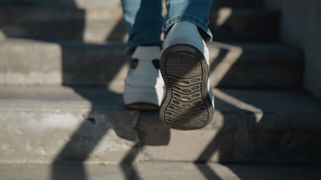 Close up view of person feet in white sneakers and blue jeans walking up concrete steps. focus remains on lower legs shoes and textured step surfaces throughout sequence. Sunlight creates