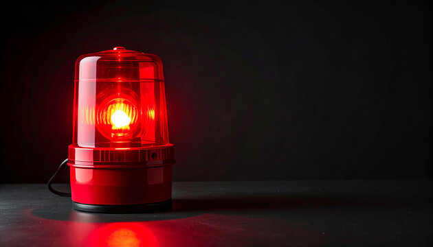 Red emergency warning lamp on dark matte surface, safety and emergency concept. Close-up.