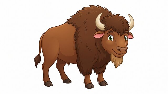Cute friendly cartoon bison illustration standing sideways smiling happily isolated on white background