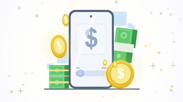 Mobile Finance and Online Earnings Animation with Smartphone, Gold Coins, and Stacks of Cash