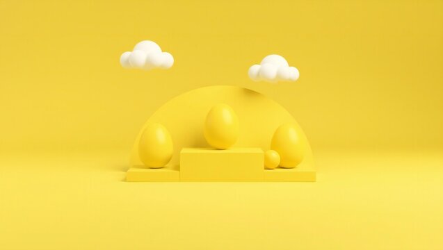 Three yellow eggs on a podium with fluffy white clouds in a minimal 3d render