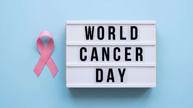 Pink breast cancer awareness ribbon next to World Cancer Day lightbox on blue background.