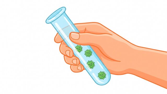 Hand holding glass test tube filled with angry green coronavirus cells on white background