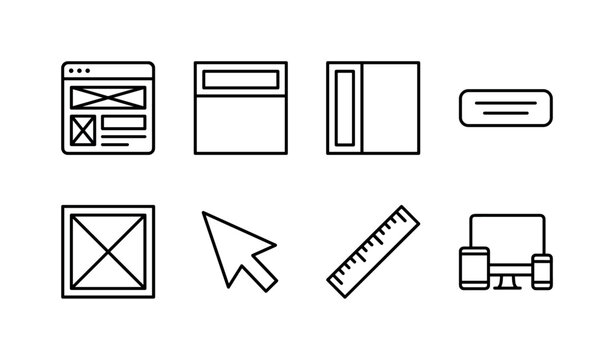 Web Layout Design Symbols, line icon set featuring wireframe window, header block, sidebar panel, button, image frame, cursor, ruler, responsive screen, covering website layout, web development,