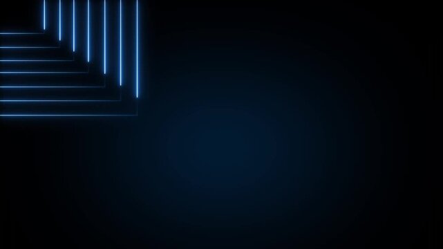 Corner graphic animation displays layered geometric vector lines on dark. Screen overlay data guides graphic. Display consoles operate with active corner graphic.