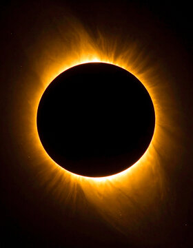 Total solar eclipse captured in close-up, completely black lunar silhouette surrounded by intricate wisps of glowing solar corona, dark starless sky.