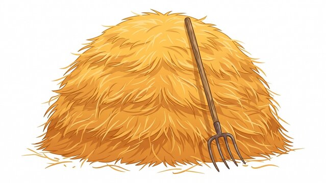 Detailed illustration of golden hay bale leaning against wooden pitchfork isolated on white background