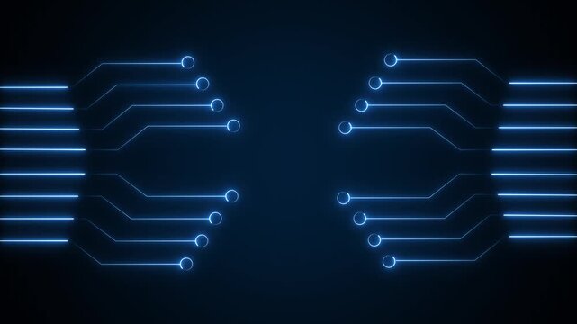 Circuit board lines animation displays symmetrical data tracks on dark. Electronic computing processor telemetry routes on circuit board lines. Hardware runs lines.