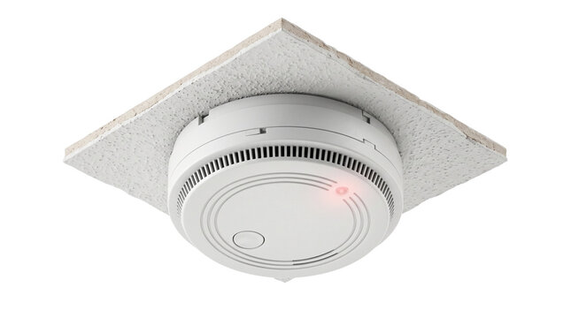 Smoke detector fire alarm with red light indicator, modern ceiling mounted safety device, home security system carbon monoxide sensor isolated PNG with Transparent Background