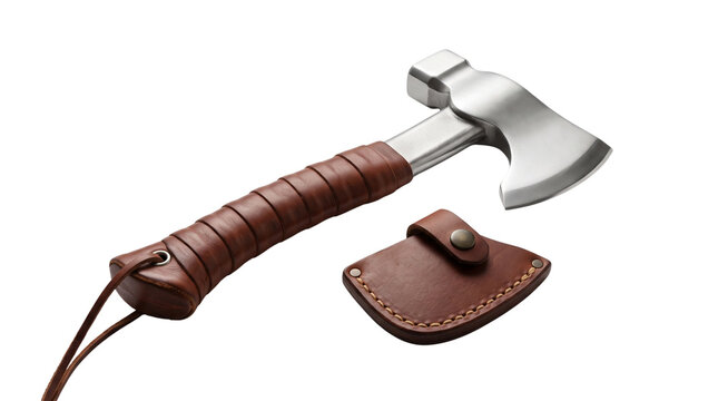 Rustic camping hatchet with leather handle, outdoor survival axe with blade sheath, steel tactical tomahawk for bushcraft isolated PNG with Transparent Background