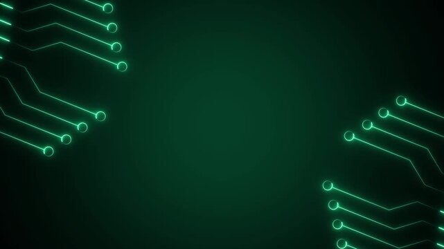 Circuit board lines animation displays electronic tracks on dark space. Motherboard processor computing telemetry routes on circuit board lines. Hardware runs lines.