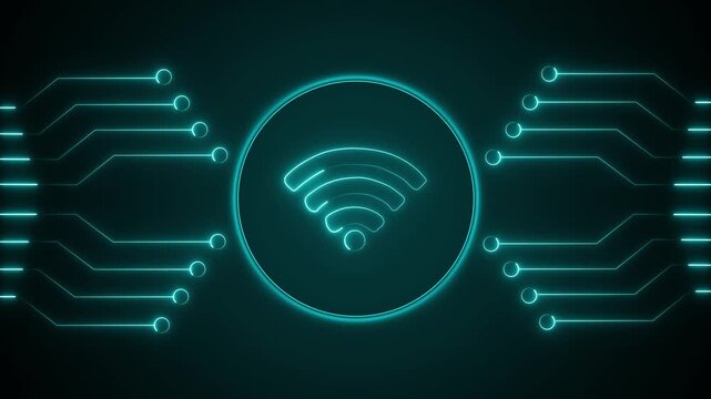 Circuit board animation centers an illuminated Wi-Fi wireless symbol. Electronic telecommunication hardware telemetry routes on circuit board. Systems power board.