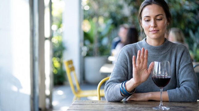 Woman making stop gesture beside glass of red wine symbolizing alcohol refusal sobriety moderation and healthy lifestyle