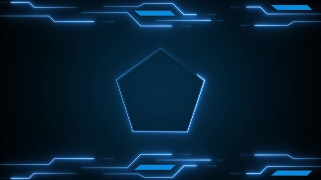 Border animation displays geometric shapes inside a pentagonal frame. Futuristic user interface screen overlay data coordinates guide border. Consoles use active border.