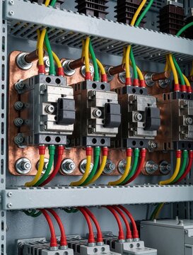 Close up view of industrial electrical switchboard. Heavy duty three phase breakers with colored wiring connect to copper busbars. Pro electrician installs power distribution system in factory power