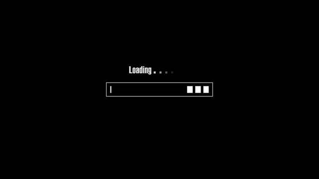 Loading bar animation displays square status segments on dark space. System software buffering telemetry updates across active loading bar. Waiting runs on active loading bar.