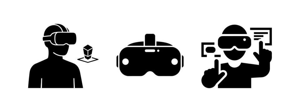 Virtual reality user icons showing person interacting with digital interface and 3D objects