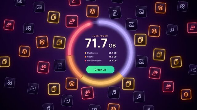 Storage cleanup animation, full disk gauge scans junk files, sweeps them into a trash bin and frees space