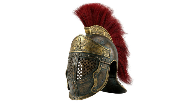 Ancient roman centurion helmet with a red crest and metal details isolated on transparent background