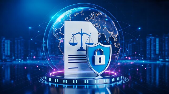 Digital legal protection concept with law document and security shield over global network