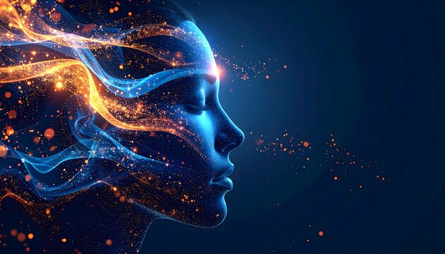 Perfil humano digital con ondas luminosas azules y naranjas