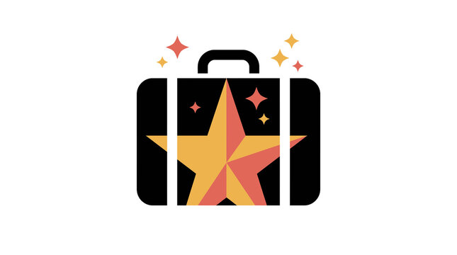 open black suitcase with glowing orange star and pink sparkles inside flat design